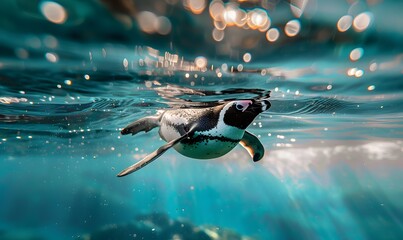 penguin swimming underwater during the daytime in a bright turquise sea, Generative AI  - Powered by Adobe