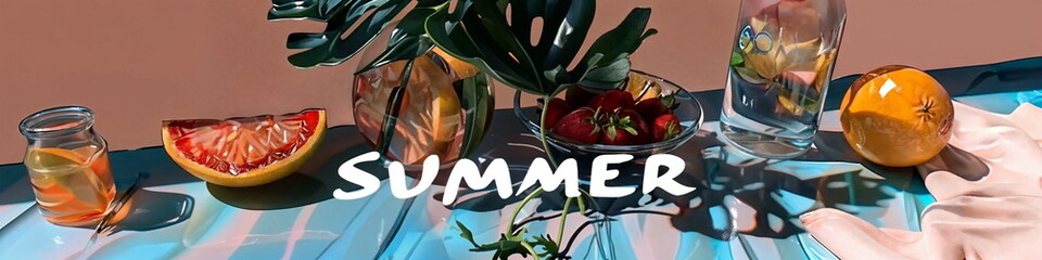 Sophisticated 'Summer' text surrounded by citrus and berries in a stylized setting. Great for culinary magazine covers and refreshing beverage ads.