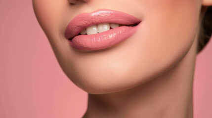 Fototapeta premium Close up of womans face on pink background