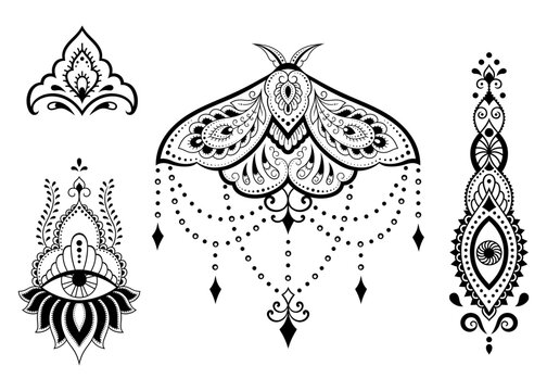 Set of Eastern ethnic religious symbols. Mandala with Lotus flower and butterfly. Decorative pattern for henna, mehndi, tattoos, room decoration. Outline doodle vector illustration.