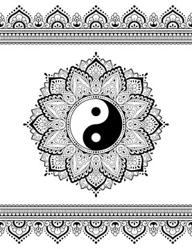 Set of mandala pattern and seamless border for Henna drawing, tattoo. Decoration in ethnic oriental mehndi, Indian style. Doodle ornament in black and white with yin-yang symbol. Vector illustration.