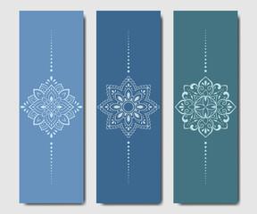 Set of design yoga mats. Lotus floral pattern, mandala in oriental style for decoration sport equipment. Colorful ethnic Indian ornaments for spiritual serenity. Decor of card, poster, print.