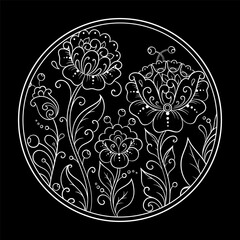 Outline round flower pattern in mehndi style for coloring book page. Antistress for adults and children. Doodle ornament in black and white. Hand draw vector illustration.