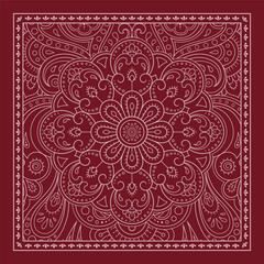 Circular pattern in form of mandala with flower for Henna, Mehndi, decoration. Red decorative ornament in ethnic oriental style for a bandana. Outline doodle hand draw vector illustration.