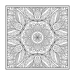 Decorative pattern of flowers and paisley for printing on fabric. Ornament for a bandana, a silk neckerchief, a tablecloth or a kerchief. Square sketch in tribal or oriental style.