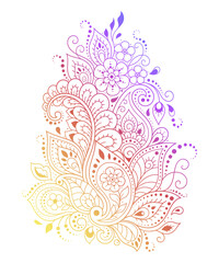 Colorful floral pattern for Mehndi and Henna drawing. Hand-draw lotus flower symbol. Decoration in ethnic oriental, Indian style. Rainbow design on white background. Outline vector illustration.