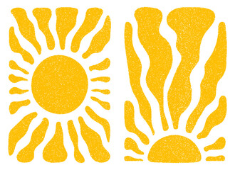 Sun groovy retro elements set isolated on transparent background. Organic abstract wavy shapes and vintage grainy stippling texture. Modern retro Matisse style vector illustration