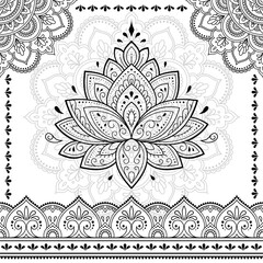Seamless decorative ornament in ethnic oriental style. Circular pattern in form of mandala and Lotus flower for Henna, Mehndi, tattoo, decoration. Doodle outline hand draw vector illustration.