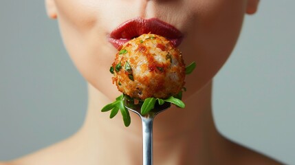 Woman tasting a perfectly cooked meatball on a fork, garnished with herbs, Concept of gastronomy and sensory enjoyment - obrazy, fototapety, plakaty