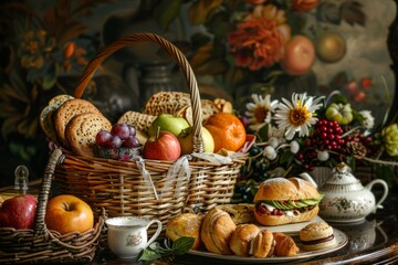 Obraz na płótnie Canvas Fresh fruits, sandwiches, pastries, and tea set in a beautiful basket arrangement
