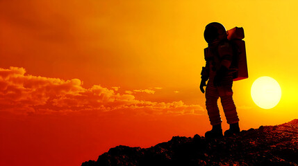 Astronaut silhouetted against vibrant sunset on rocky terrain