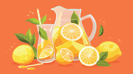 Ingredients for preparing lemonade on orange background