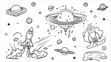 Vector image of outer space hand with rocket and planet icons