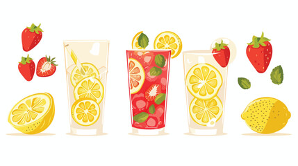 Ingredients for preparing strawberry lemonade on white