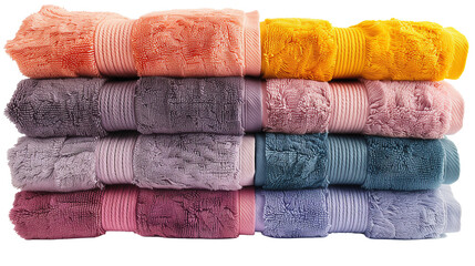 beautifully folded fluffy soft towels of different colors on a cut background