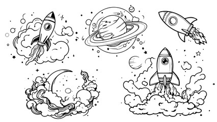 Vector image of outer space hand with rocket and planet icons