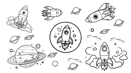 Vector image of outer space hand with rocket and planet icons