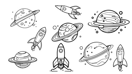 Vector image of outer space hand with rocket and planet icons