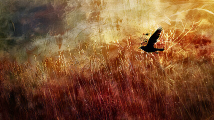 Golden hour meadow with soaring bird silhouette