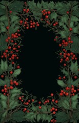 A botanical illustration of a holly plant with red berries, on a dark background.