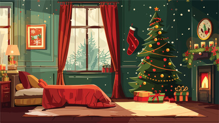 Interior of festive bedroom with Christmas tree Vector
