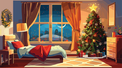 Interior of festive bedroom with Christmas tree Vector