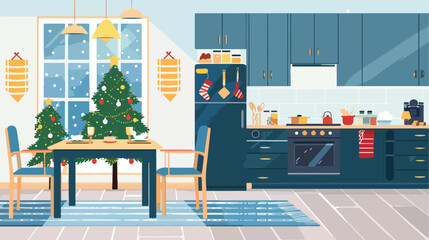 Interior of kitchen with Christmas tree and dining 