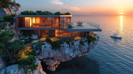 A modernist glass house with cantilevered balconies, perched on the edge of a cliff overlooking a tranquil bay, where sailboats drift lazily on calm waters.