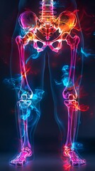 Colorful artistic rendering of human legs and hips with bones and muscles in vibrant colors against a dark background. - obrazy, fototapety, plakaty