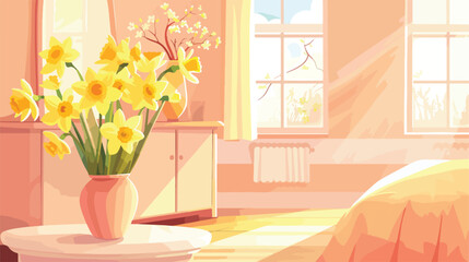 Interior of light bedroom with daffodils in vase and