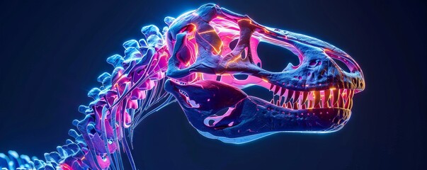 The image is a glowing blue and pink dinosaur skull on a black background.