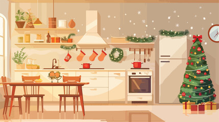 Interior of light kitchen with Christmas trees shelve