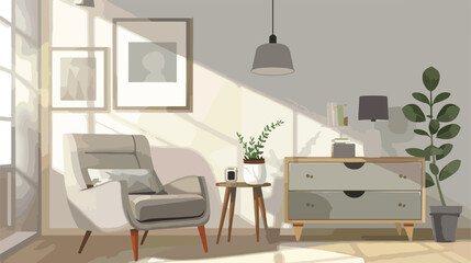 Interior of light living room with cozy grey armchair
