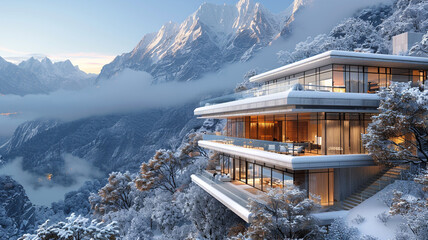A sleek, glass-enclosed home with expansive balconies, situated amidst a snowy mountain landscape, offering panoramic views of snow-capped peaks and alpine forests.