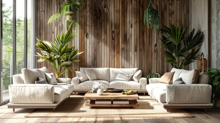 A living room with two couches, a coffee table, and a wooden wall offers a cozy atmosphere with natural elements like wood and plants hyper realistic 