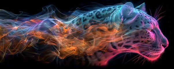 The image shows a colorful panther, made of smoke, running in the dark. - obrazy, fototapety, plakaty