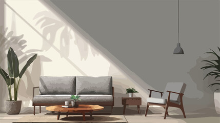 Interior of light living room with grey sofa wooden a