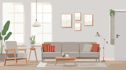 Interior of light living room with grey sofa wooden a