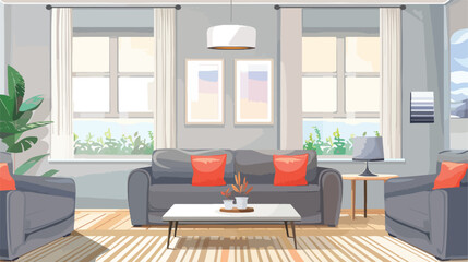 Interior of light living room with grey sofas and cof