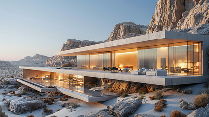A sleek, glass-fronted dwelling with multiple balconies, situated amidst a vast desert landscape, where the shifting sands create an ever-changing panorama.