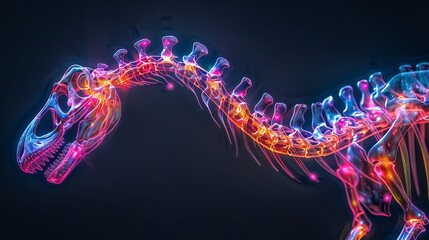 The image shows a glowing blue and pink dinosaur skeleton on a black background. The skeleton is in aBen Pao De Zi Shi .