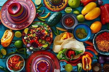 A vibrant and colorful Mexican food spread featuring tacos. Ai generated 