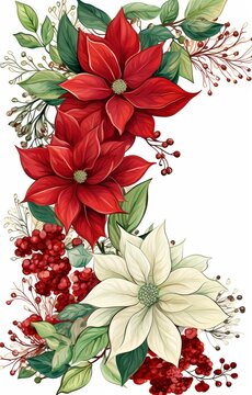 recommend clip art: A watercolor painting of red and white poinsettias with green leaves and red berries.