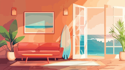 Interior of light room with surfboard and sofa Vector