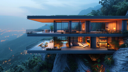 A sleek, glass-walled house with wraparound balconies, perched on a cliffside overlooking a serene...