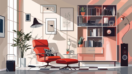 Interior of living room with chair shelving unit and