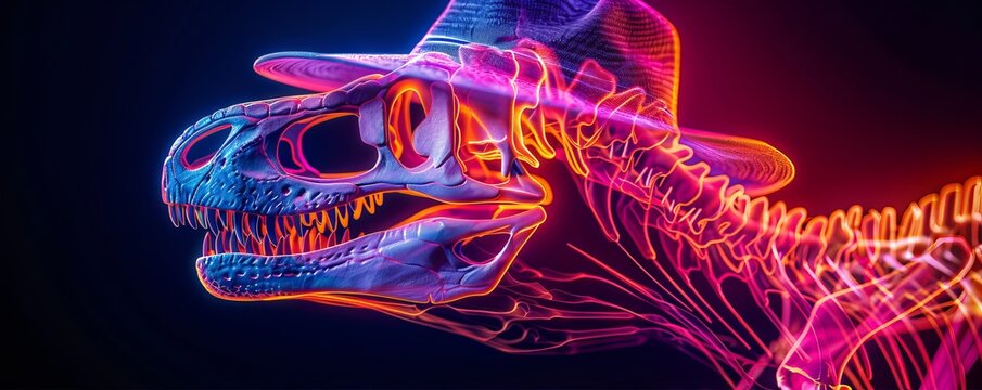 The image shows a neon-colored skeleton of a Tyrannosaurus Rex wearing a cowboy hat.