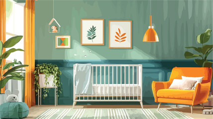 Interior of modern baby room with crib Vector style Vector