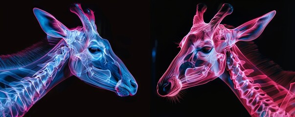 Two X-ray images of giraffes facing each other on a black background.