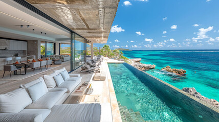 A sleek, modern beachfront villa with floor-to-ceiling windows offering panoramic views of turquoise waters and sandy shores.